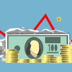 Composição em papel com cédulas de dólar entre moedas e ações financeiras, acompanhadas por um gráfico curvo.