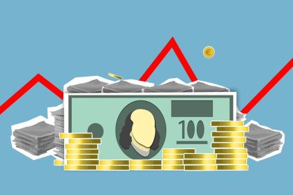 Composição em papel com cédulas de dólar entre moedas e ações financeiras, acompanhadas por um gráfico curvo.