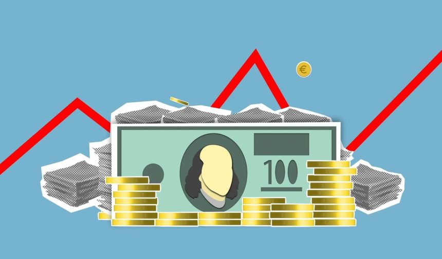 Composição em papel com cédulas de dólar entre moedas e ações financeiras, acompanhadas por um gráfico curvo.